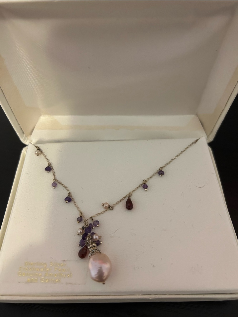 Delicate Pearl, Amethyst & Garnet Pendant Necklace on sterling silver